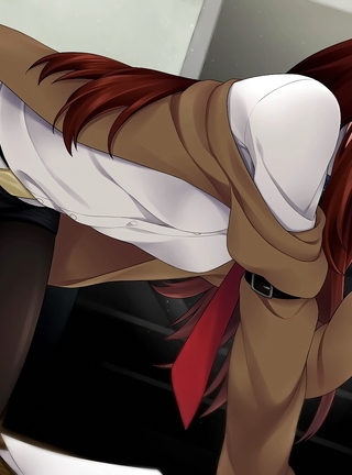 Image: Girl, Kurisu Makise, pose, anime, red hair, paper