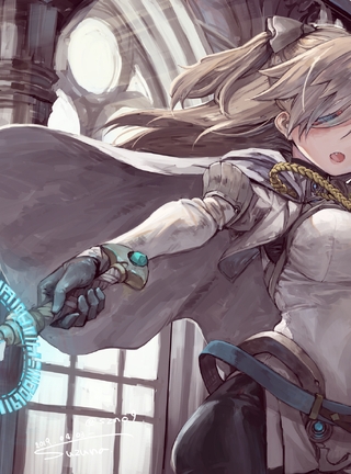 Image: Girl, white-haired, warrior, uniform, cloak, chest, sword, belt, magic, art
