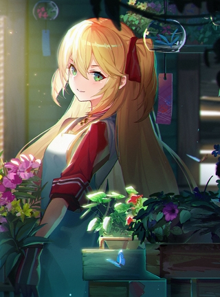 Image: Girl, blonde, face, eyes, anime, flowers
