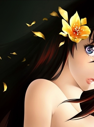 Картинка: Девушка, лицо, волосы, взгляд, глаза, разные, цвет, цветок, лепестки