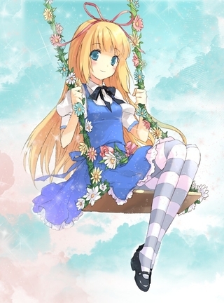 Картинка: Девушка, блондинка, бантик, качель, небо, цветы