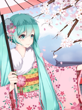 Image: Girl, Hatsune Miku, blooming, Sakura, petals, kimono, hair, umbrella, vocaloid