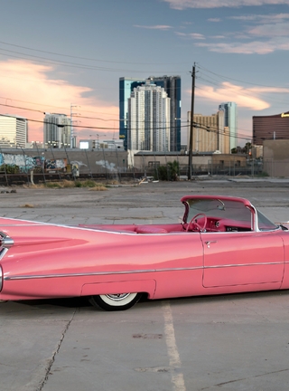 Image: Car, Convertible Cadillac, convertible, retro, 1959, pink, coral, city