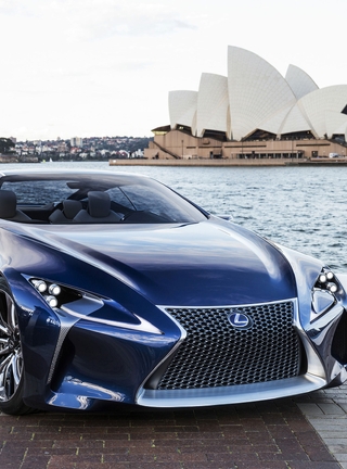 Картинка: Lexus, Лексус, синий, фары, колёса, стоит, театр, Сидней, Австралия, река, вода, небо