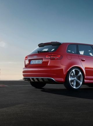 Image: Car, Audi, rs3, red, track, rays, sky, sun