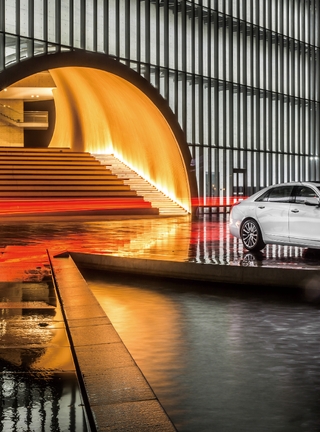 Image: Cadillac, CT6, auto, white, building, stairs, red, light, lights, reflection