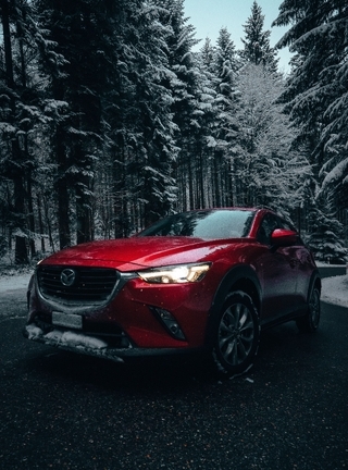 Картинка: Зима, лес, снег, дорога, деревья, автомобиль, красный, Mazda 6