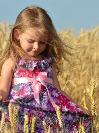 Image: Girl, dress, bow, wheat, ears, field