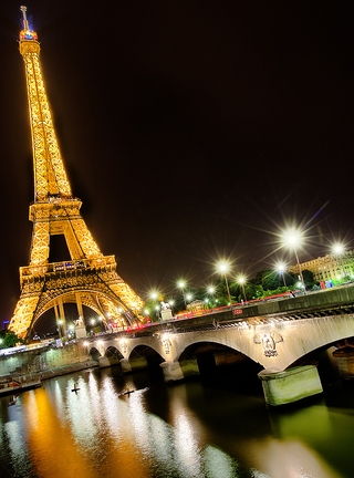 Картинка: Франция, Париж, Эйфелева башня, мост, огни, река, ночь