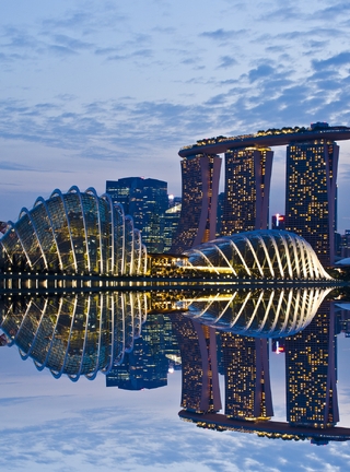 Картинка: Сингапур, Marina Bay Sands, отель, Hotel, здания, архитектура, достопримечательность, вода, отражение, небо, вечер