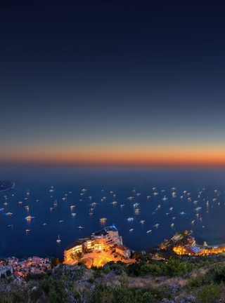 Image: Monaco, landscape, bay, sea, ships, lights, coastline, hills, night, evening, sunset