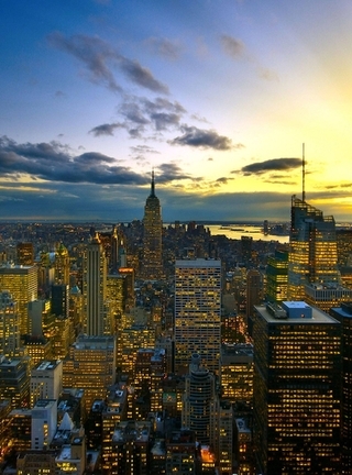 Картинка: New York City, Нью-Йорк, город, высотки, огни, вечер, сумерки, небо, луна
