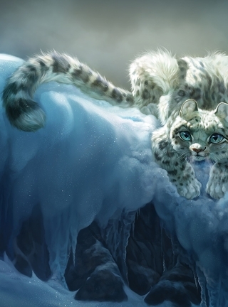 Картинка: Кошка, Снежный барс, арт, смотрит, зима, снег, утес