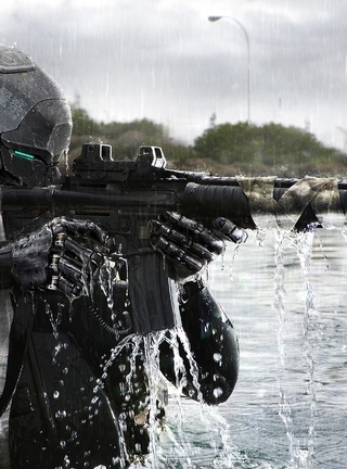 Image: Soldier, robot, aiming, water, river, cyborg, gun, automatic, a silencer, camo, camouflage, invisibility