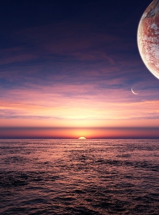 Image: Sky, planet, clouds, star, sunset, water, horizon, ocean, sea