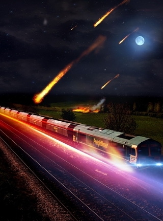 Картинка: Поезд, свечение, свет, огни, ночь, луна, метеориты, дома, железная дорога