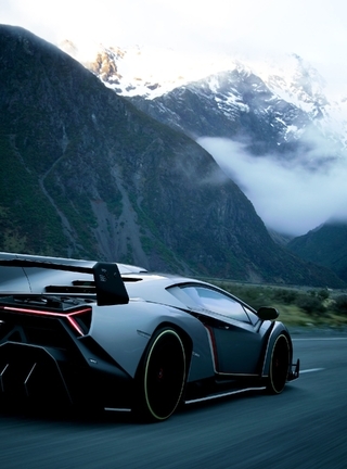 Картинка: Lamborghini, Veneno, Gran Turismo, пейзаж, облака, горы, дорога, скорость