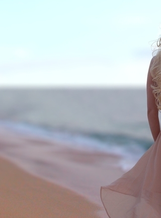 Image: Girl, blonde, hair, back, dress, sand, beach, water, sea, sky, horizon