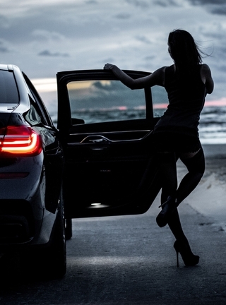 Image: Girl, car, stands, door, BMW, headlight, clouds, landscape, road, heels, Arny North, Photography
