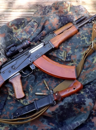 Image: kalashnikov assault rifle, AKM, aim, belt, bayonet-knife, ammunition, clothing
