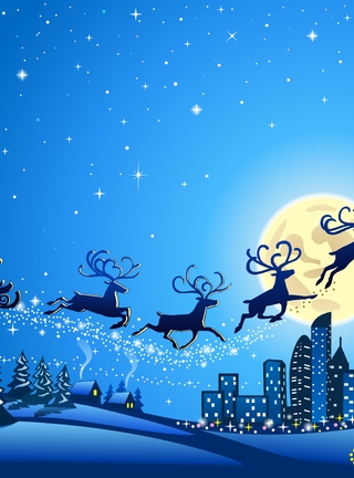 Картинка: Санта Клаус, олени, сани, ночь, луна, зима, рождество, город, деревья