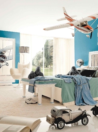 Image: Children's room, bed, carpet, lamp, picture, planes, toys, cars