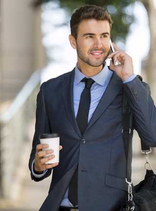 Image: Male, guy, face, smile, phone, style, suit, coat, coffee сup, street