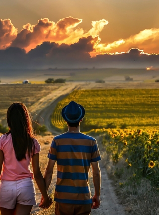 Картинка: Пара, мужчина, девушка, влюблённые, поле, подсолнухи, дорога, горизонт, вечер, облака