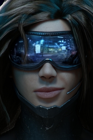 Картинка: Девушка, очки, брюнетка волосы, броня, микрофон, лицо, отражение, киберпанк, 3D