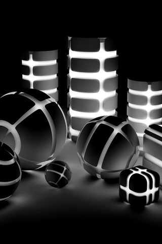 Image: Cubes, spheres, cylinders, glow, dark background