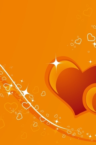 Картинка: Сердечки, два, линии, изгиб, блики, оранжевый фон