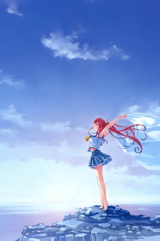 Image: Girl, rock, sea, sky, freedom, hair, wind, fabric, Miyamae Tomoka, Deep Blue Sky & Pure White Wings