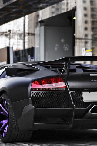 Image: Lamborghini, Murcielago, SV, black, satin, street, sidewalk, building