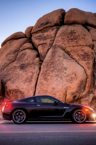 Image: Nissan, GTR, lights, light, road, rock, rocks