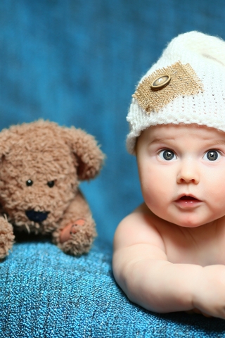 Картинка: Ребёнок, младенец, мишка, игрушка, взгляд, шапка, ткань