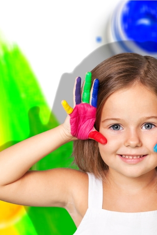 Image: Child, girl, smile, hands, bright paint, mood