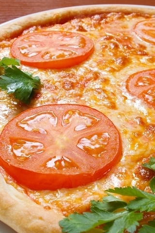 Image: Pizza, tomatoes, greens, pastries