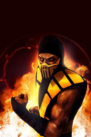Картинка: Scorpion, ниндзя, Mortal Kombat, огонь, стойка