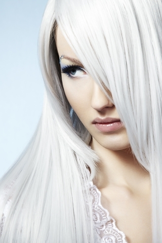 Image: White hair, light skin, face, makeup, blonde
