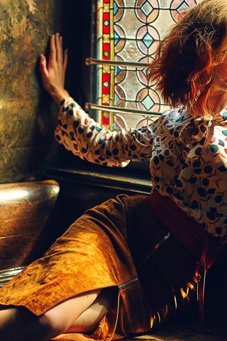 Image: Girl, short hair, blouse, skirt, window, stained-glass, the rays of the sun