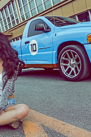 Image: Girl, sitting, road, car, glasses, brunette, asian, model, Dodge Ram, pickup