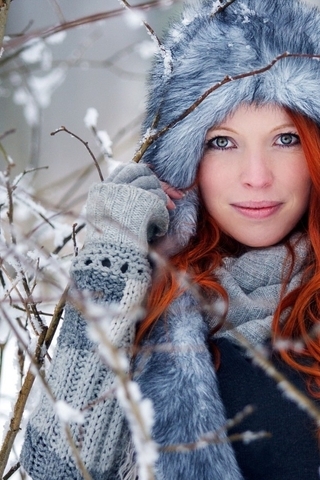 Image: Girl, face, smile, red, hat, fur, winter, branches, snow