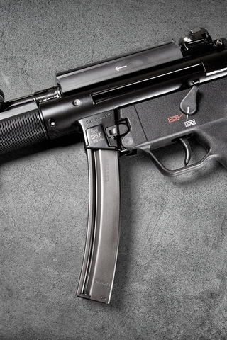 Image: Submachine gun, HK SP5K, 9mm, texture, gray background, Heckler & Koch GmbH