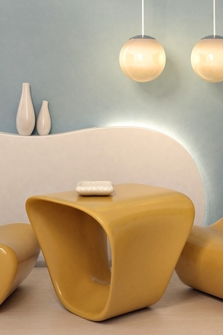 Картинка: Люстры, стол, стулья, круги, декор, подсветка, карамельный цвет