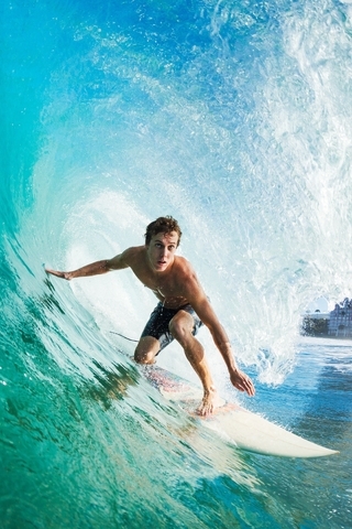Image: Surfer, board, wave, beach, buildings, water, male