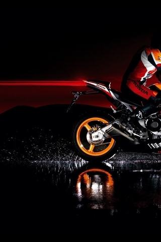 Картинка: Байкер, брызги, вода, закат, мотоцикл, байк, Honda, Repsol, свет