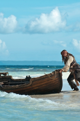 Картинка: Джек Воробей, Джонни Депп, лодка, побег, океан, берег, остров, небо, пальма, пират, Пираты Карибского моря, море