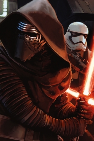 Image: Star Wars: The Force Awakens, Kylo Ren, mask, soldiers, sword, weapon