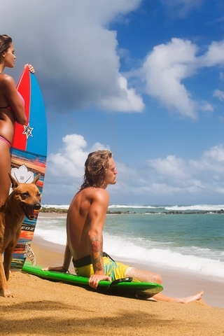 Image: Girl, brunette, model, Viktoria Odintsova, man, dog, beach, sand, sea, sun, day, board, surfing