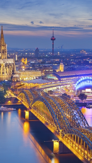 Картинка: Город, вечер, Кёльн, Германия, река, мост, вид